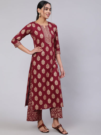 Burgundy Ethnic Printed Kurta With Palazzo And Dupatta