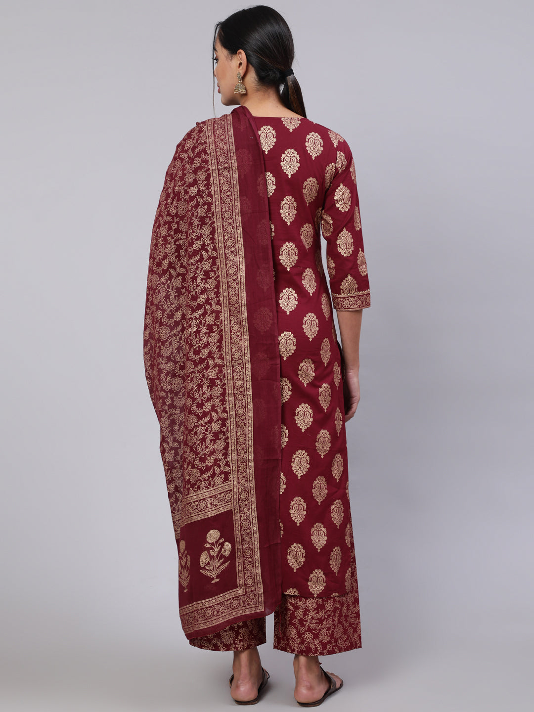 Burgundy Ethnic Printed Kurta With Palazzo And Dupatta