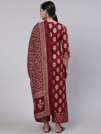 Burgundy Ethnic Printed Kurta With Palazzo And Dupatta