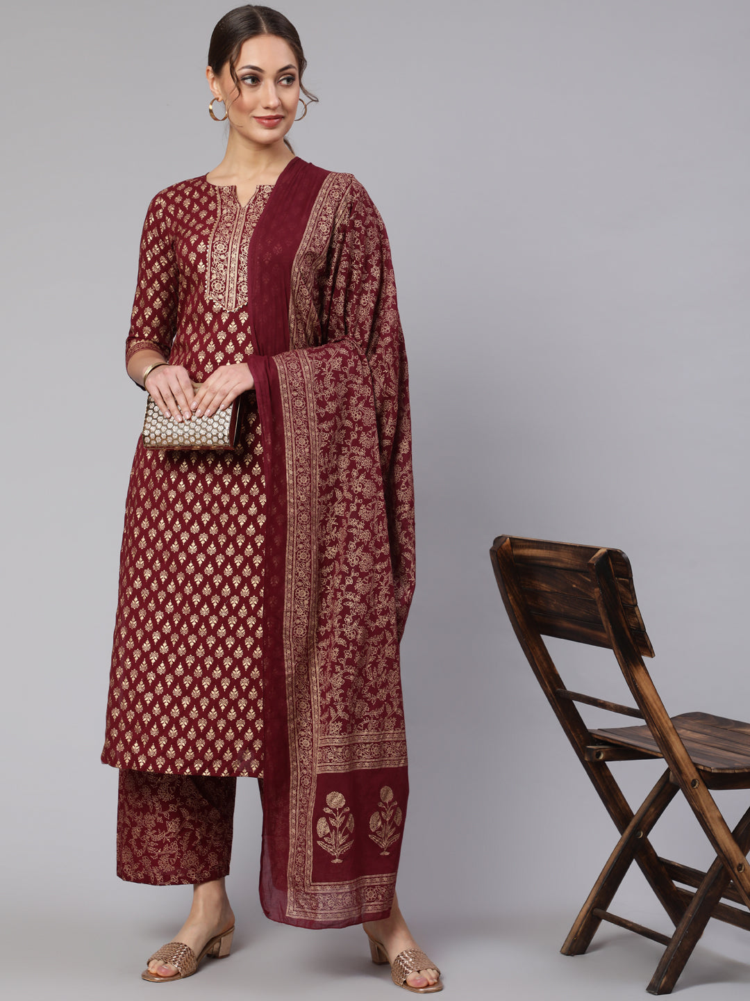 Burgundy Ethnic Printed Kurta With Palazzo And Dupatta