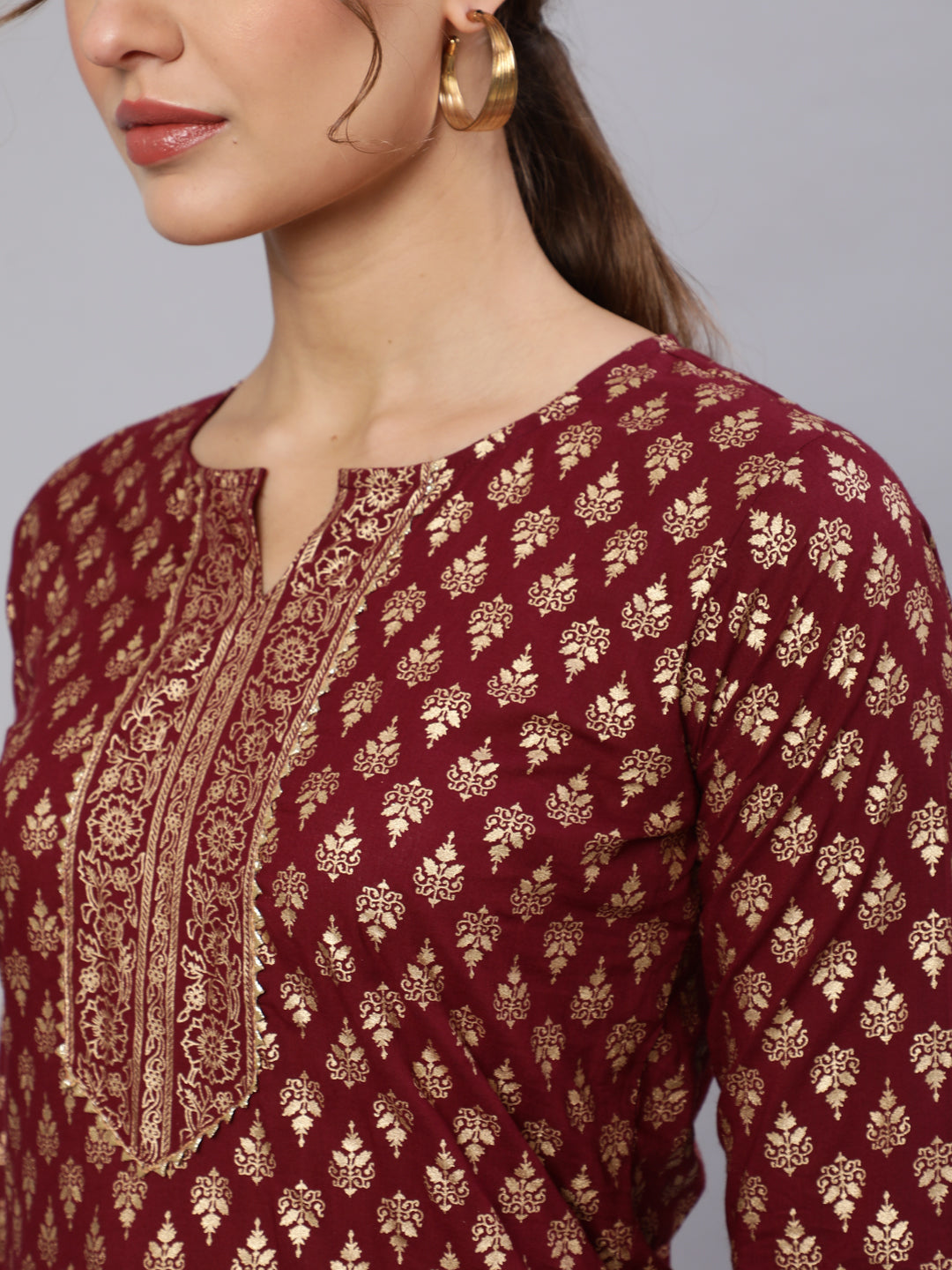Burgundy Ethnic Printed Kurta With Palazzo And Dupatta