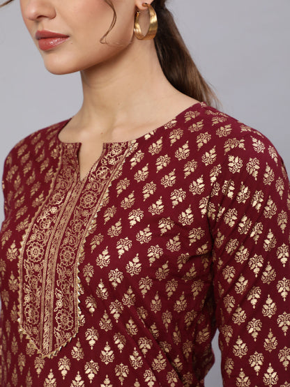 Burgundy Ethnic Printed Kurta With Palazzo And Dupatta