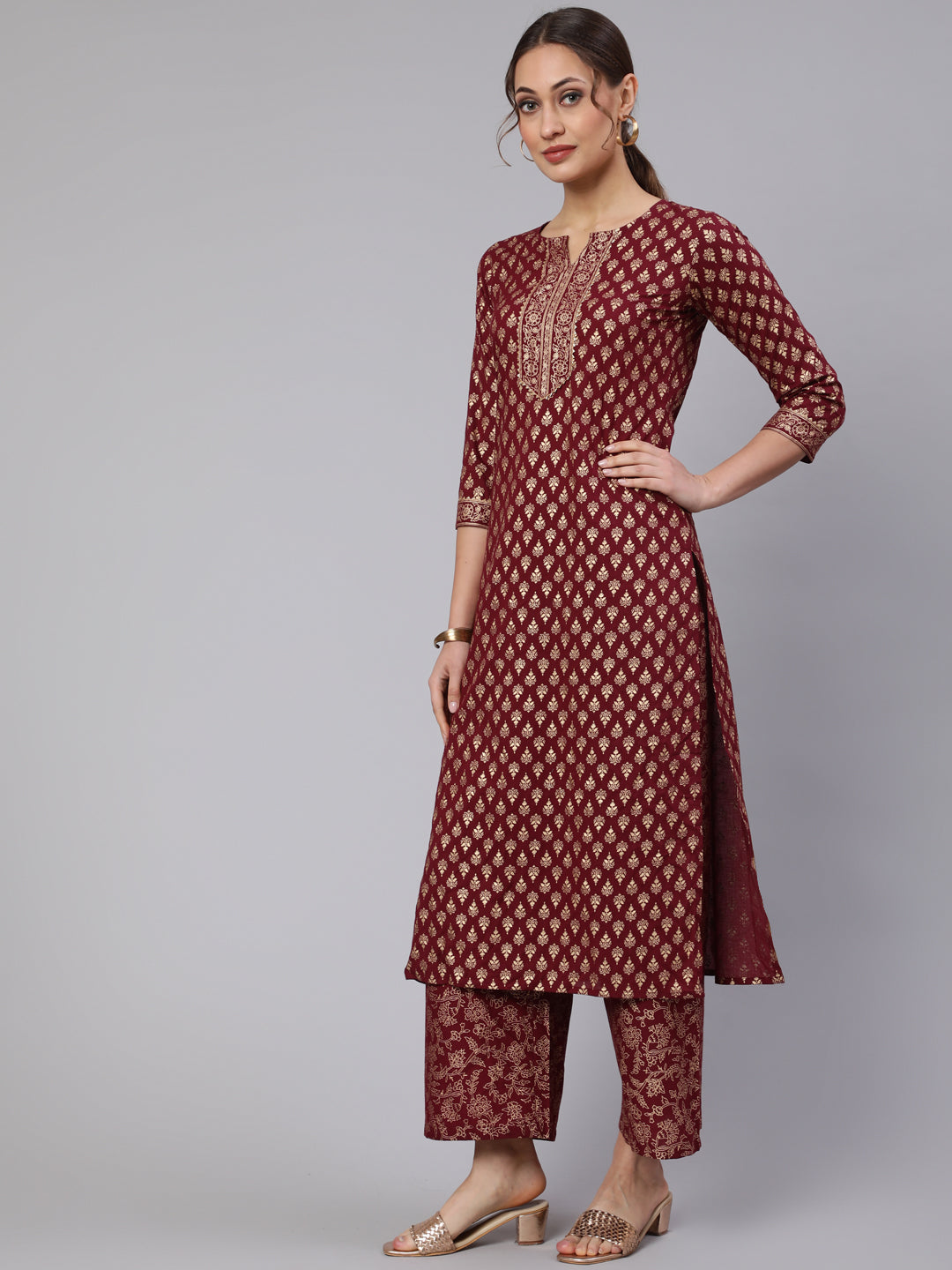 Burgundy Ethnic Printed Kurta With Palazzo And Dupatta