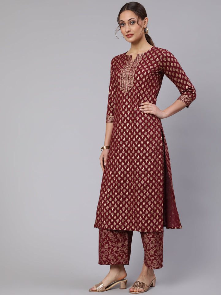 Burgundy Ethnic Printed Kurta With Palazzo And Dupatta