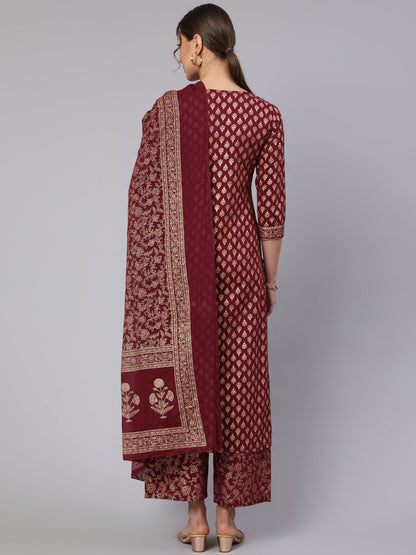 Burgundy Ethnic Printed Kurta With Palazzo And Dupatta