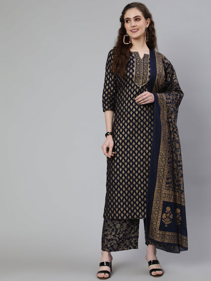 Navy Blue Ethnic Printed Kurta With Palazzo And Dupatta