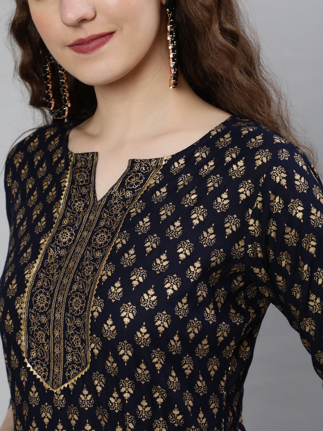 Navy Blue Ethnic Printed Kurta With Palazzo And Dupatta