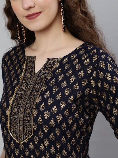 Navy Blue Ethnic Printed Kurta With Palazzo And Dupatta