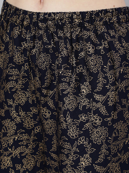 Navy Blue Ethnic Printed Kurta With Palazzo And Dupatta