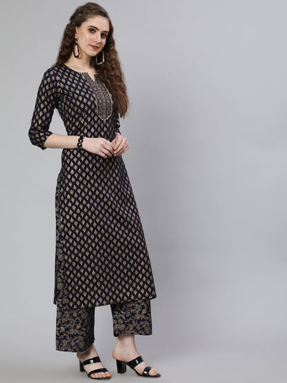 Navy Blue Ethnic Printed Kurta With Palazzo And Dupatta