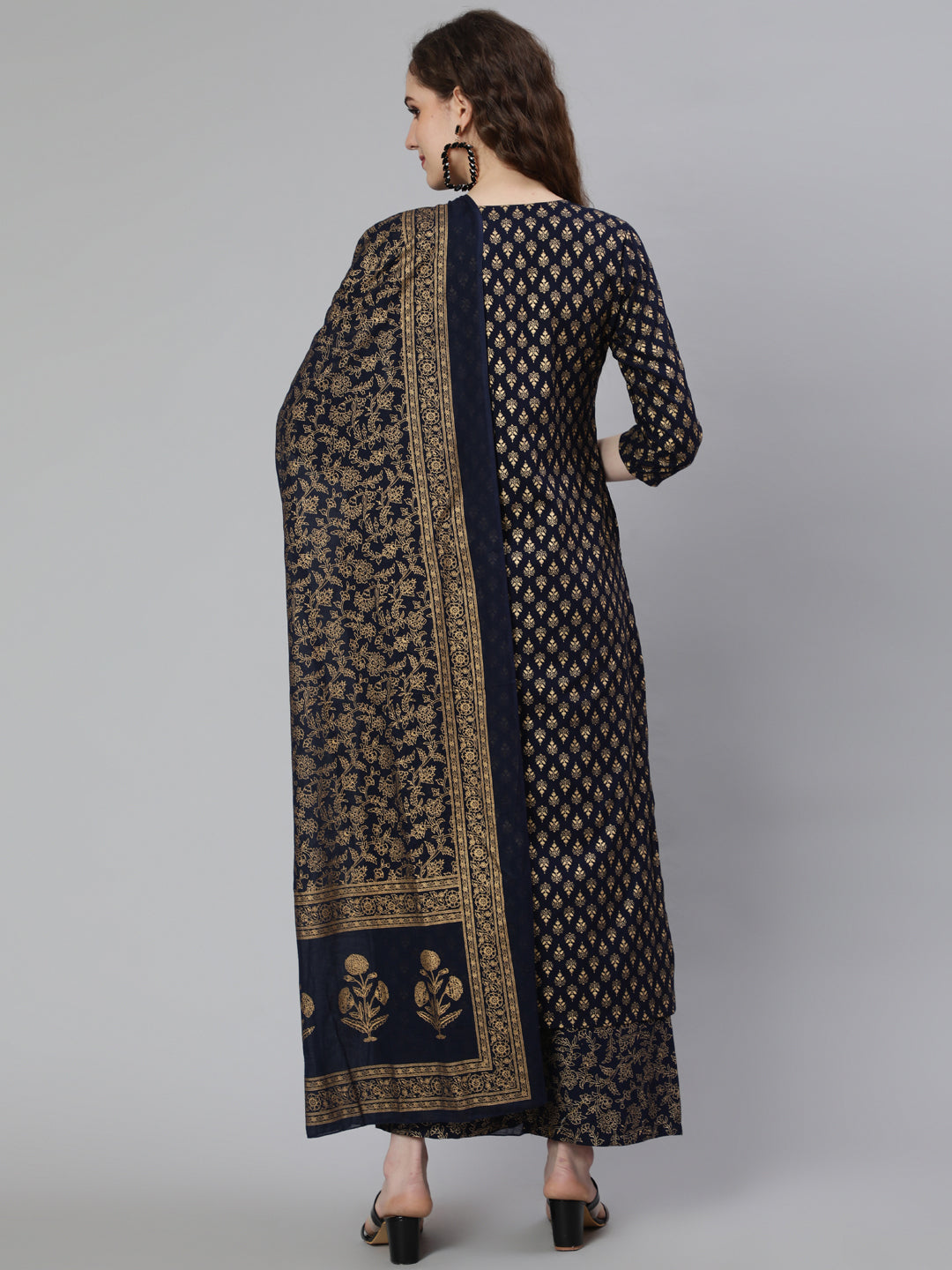 Navy Blue Ethnic Printed Kurta With Palazzo And Dupatta