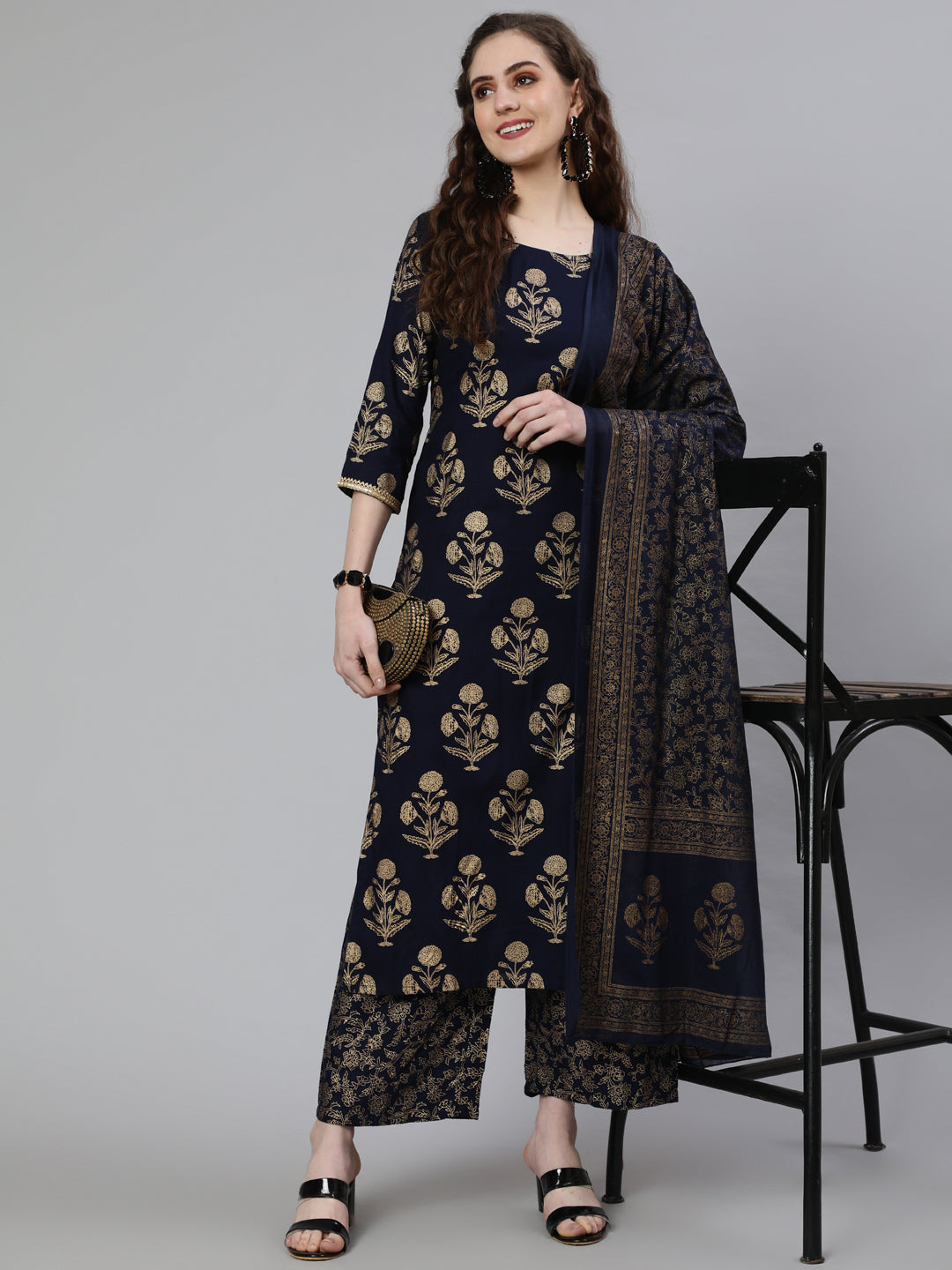 Navy Blue Ethnic Printed Kurta With Palazzo And Dupatta