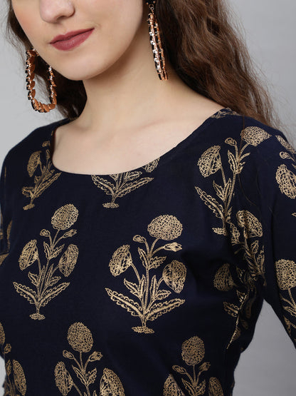 Navy Blue Ethnic Printed Kurta With Palazzo And Dupatta