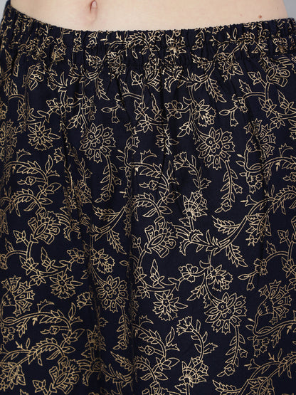 Navy Blue Ethnic Printed Kurta With Palazzo And Dupatta