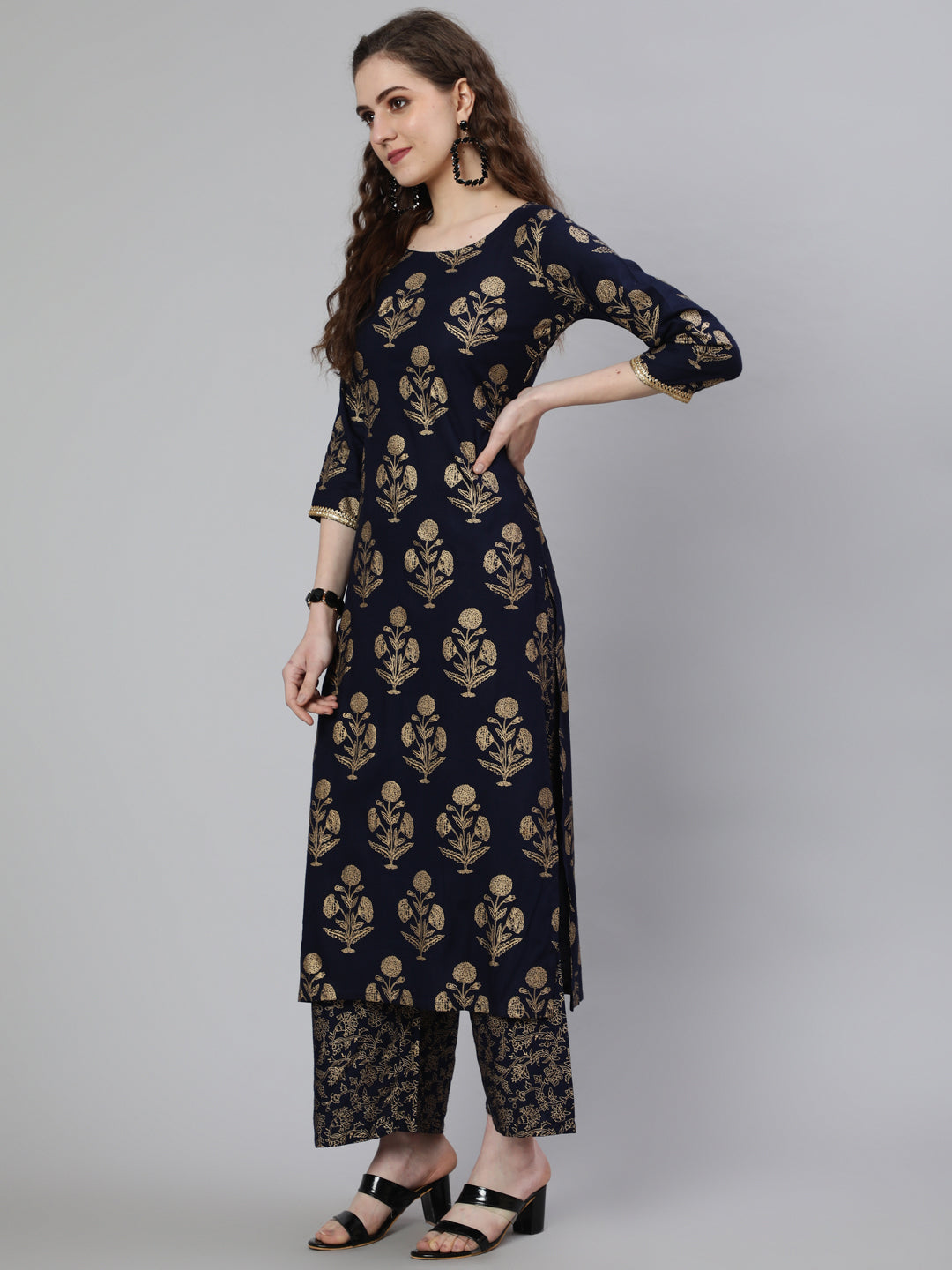 Navy Blue Ethnic Printed Kurta With Palazzo And Dupatta