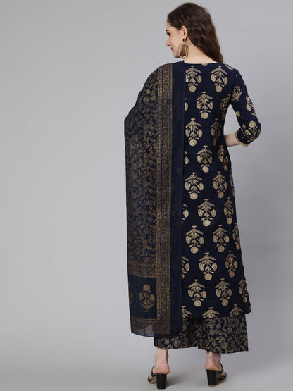 Navy Blue Ethnic Printed Kurta With Palazzo And Dupatta