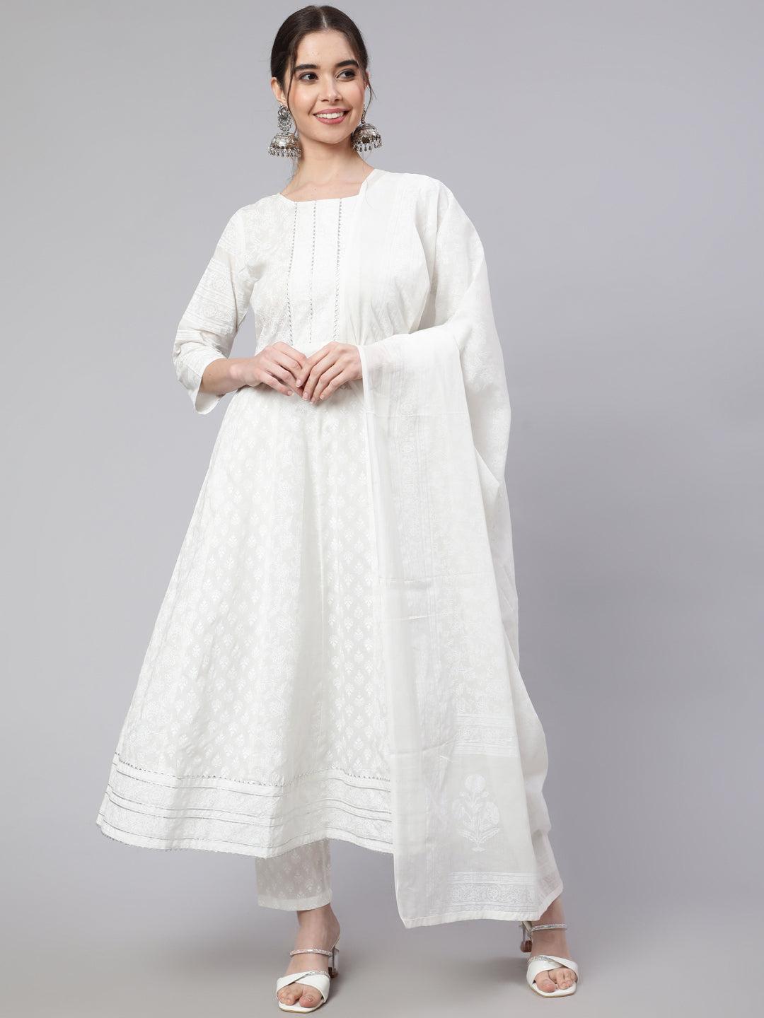 Off White Ethnic Printed Kurta With Palazzo And Dupatta
