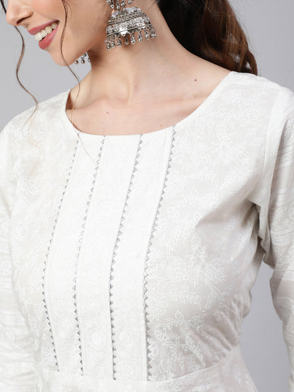 Off White Ethnic Printed Kurta With Palazzo And Dupatta