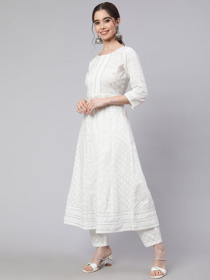 Off White Ethnic Printed Kurta With Palazzo And Dupatta