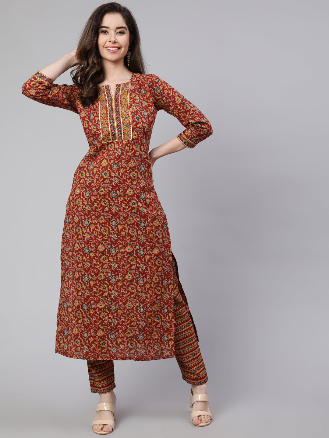 Maroon Ethnic Printed Straight Kurta With Trouser