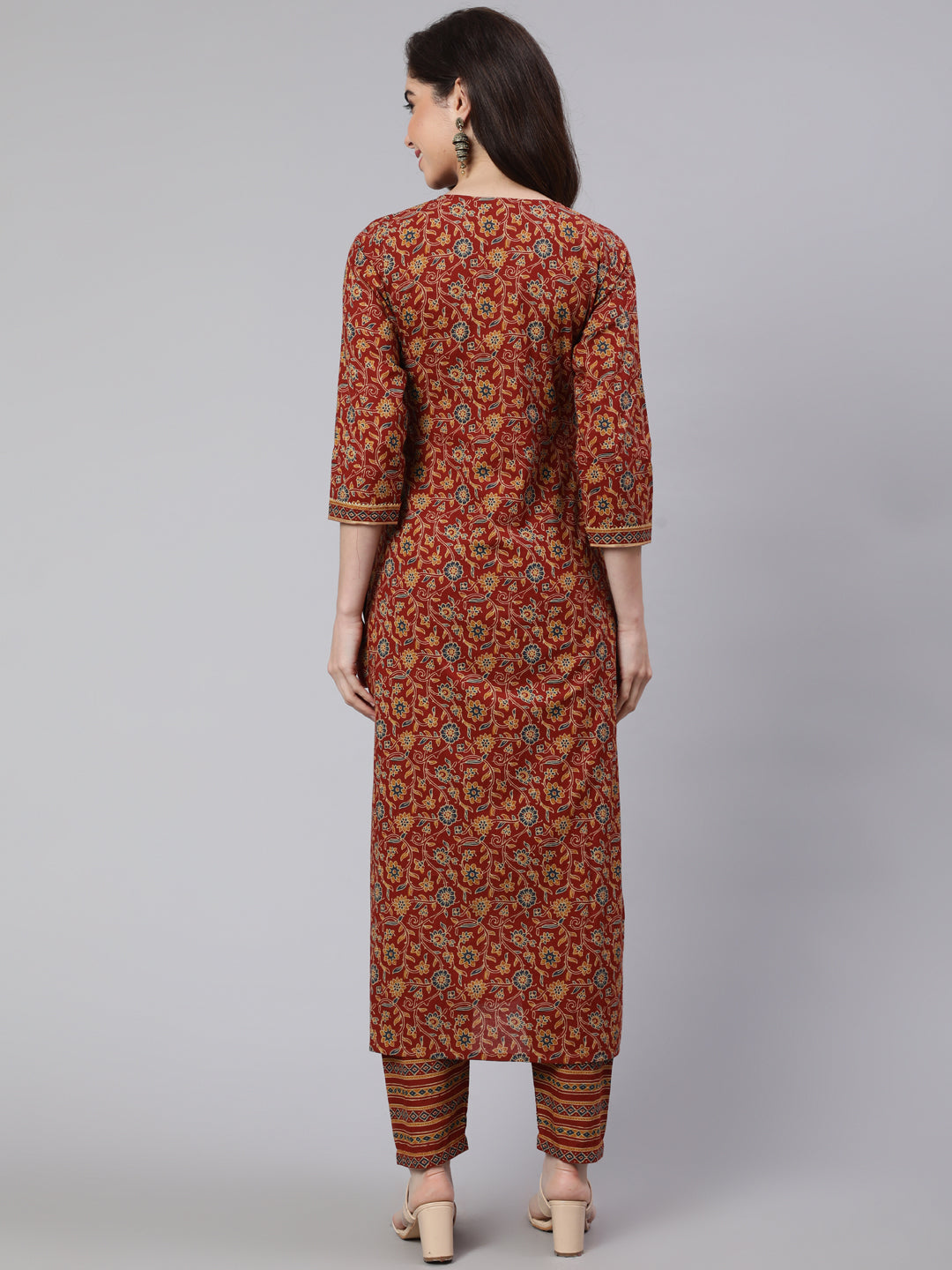 Maroon Ethnic Printed Straight Kurta With Trouser