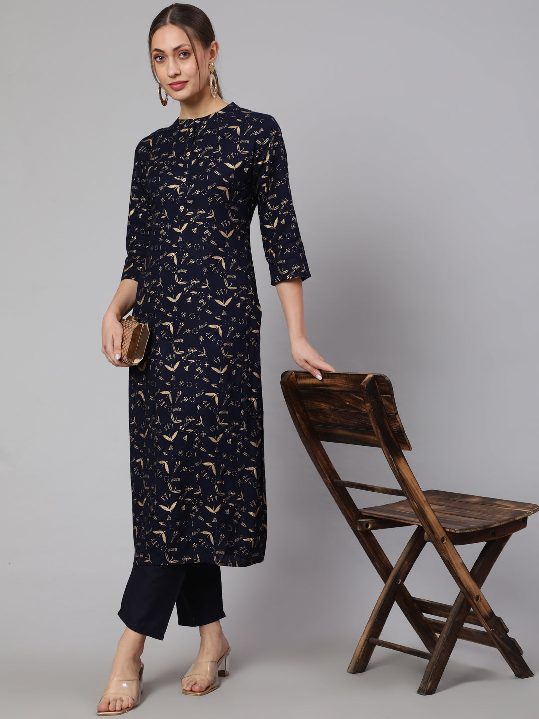 Navy Blue Ethnic Printed Straight Kurta With Trouser