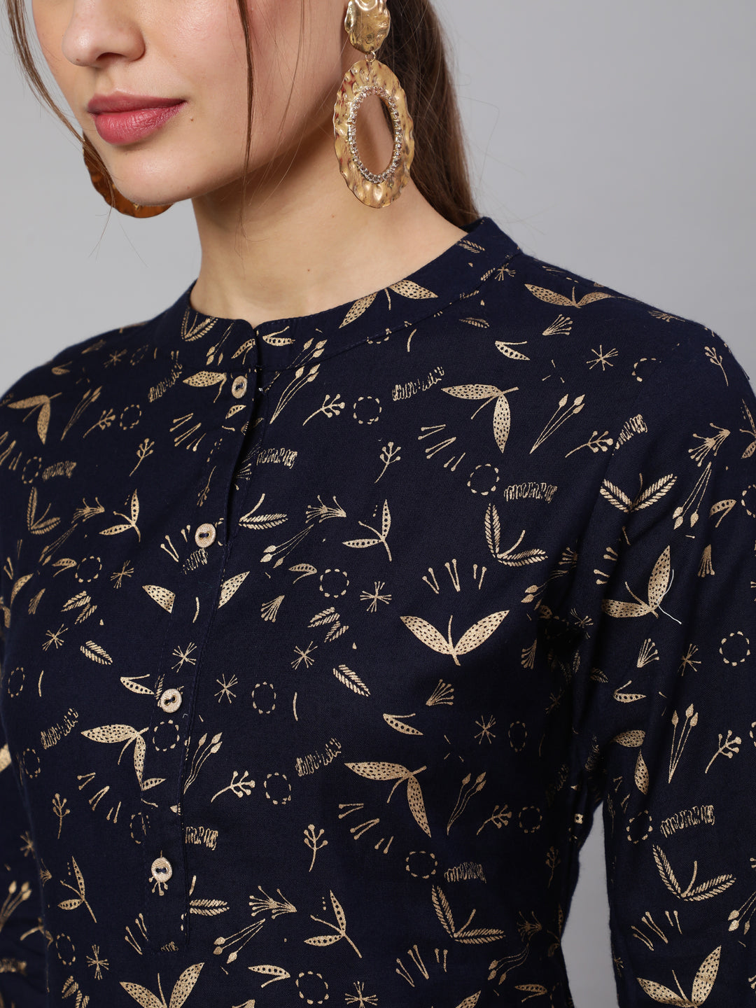 Navy Blue Ethnic Printed Straight Kurta With Trouser