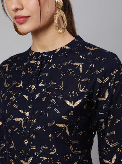 Navy Blue Ethnic Printed Straight Kurta With Trouser