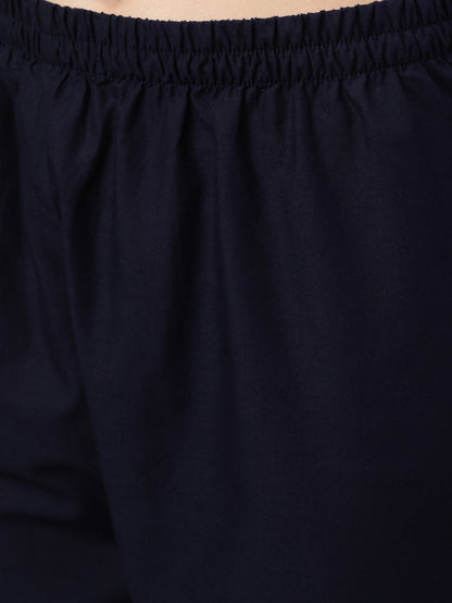 Navy Blue Ethnic Printed Straight Kurta With Trouser