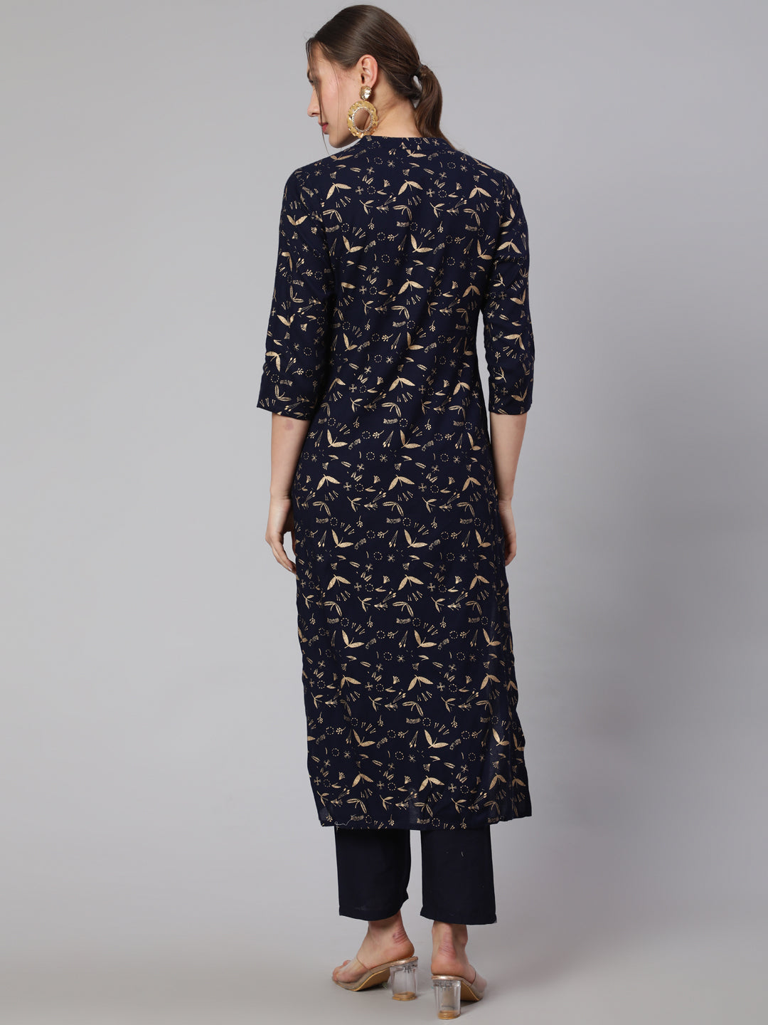 Navy Blue Ethnic Printed Straight Kurta With Trouser