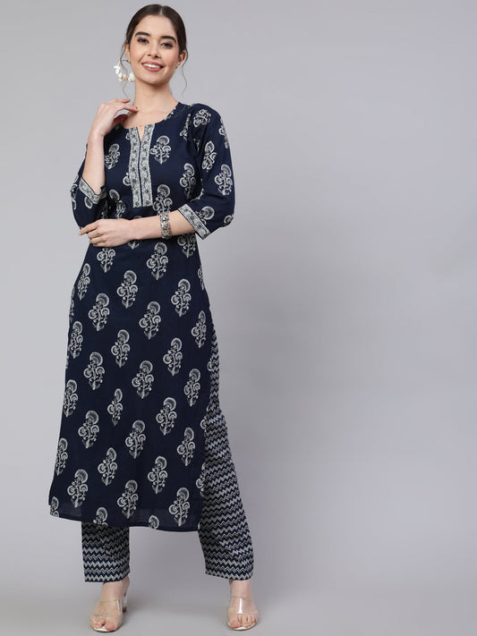Navy Blue Ethnic Printed Straight Kurta With Trouser