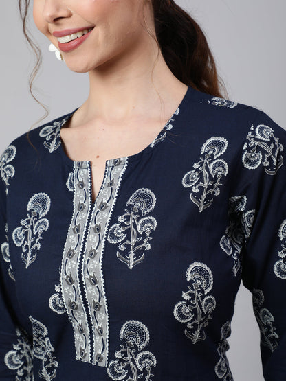 Navy Blue Ethnic Printed Straight Kurta With Trouser
