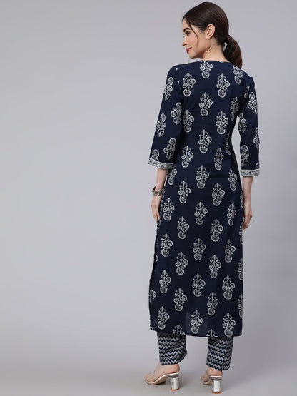 Navy Blue Ethnic Printed Straight Kurta With Trouser