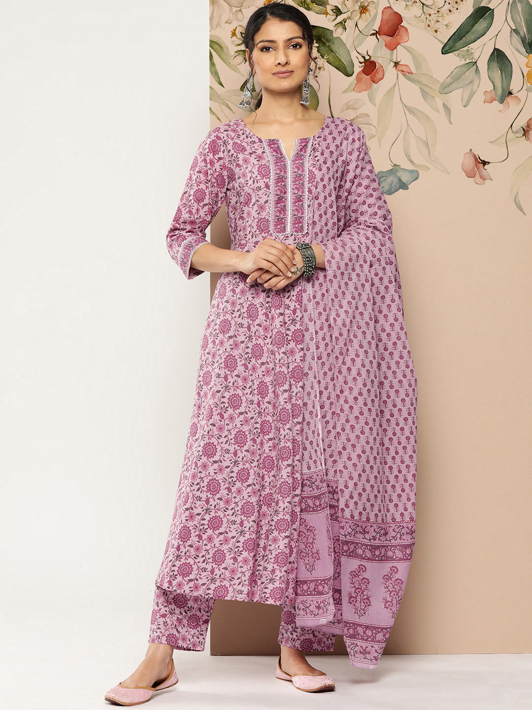 Lavender Floral Printed Kurta With Trouser And Dupatta