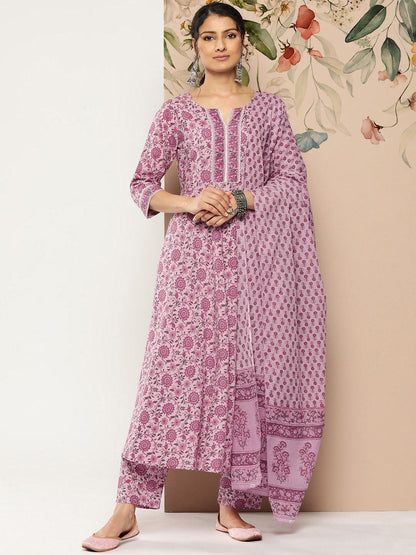 Lavender Floral Printed Kurta With Trouser And Dupatta