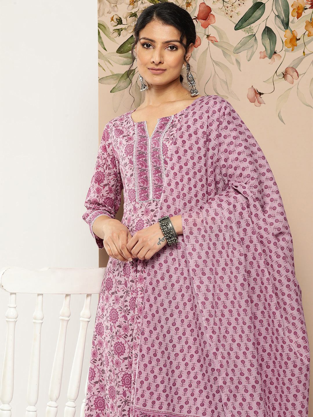 Lavender Floral Printed Kurta With Trouser And Dupatta
