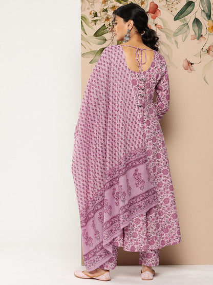Lavender Floral Printed Kurta With Trouser And Dupatta