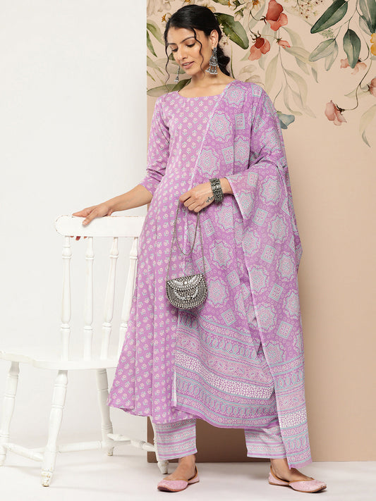 Lavender Ethnic Printed Kurta With Trouser And Dupatta