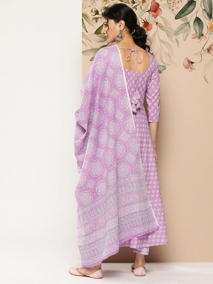 Lavender Ethnic Printed Kurta With Trouser And Dupatta