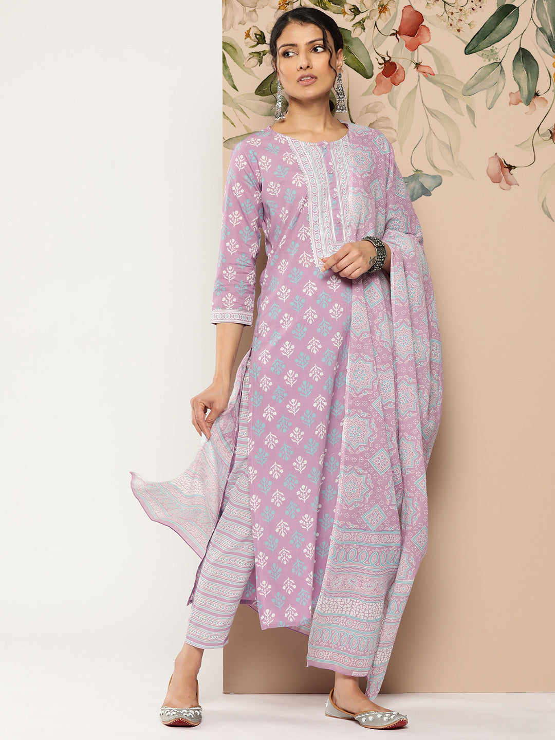 Lavender Printed Straight Kurta With Palazzo & Dupatta