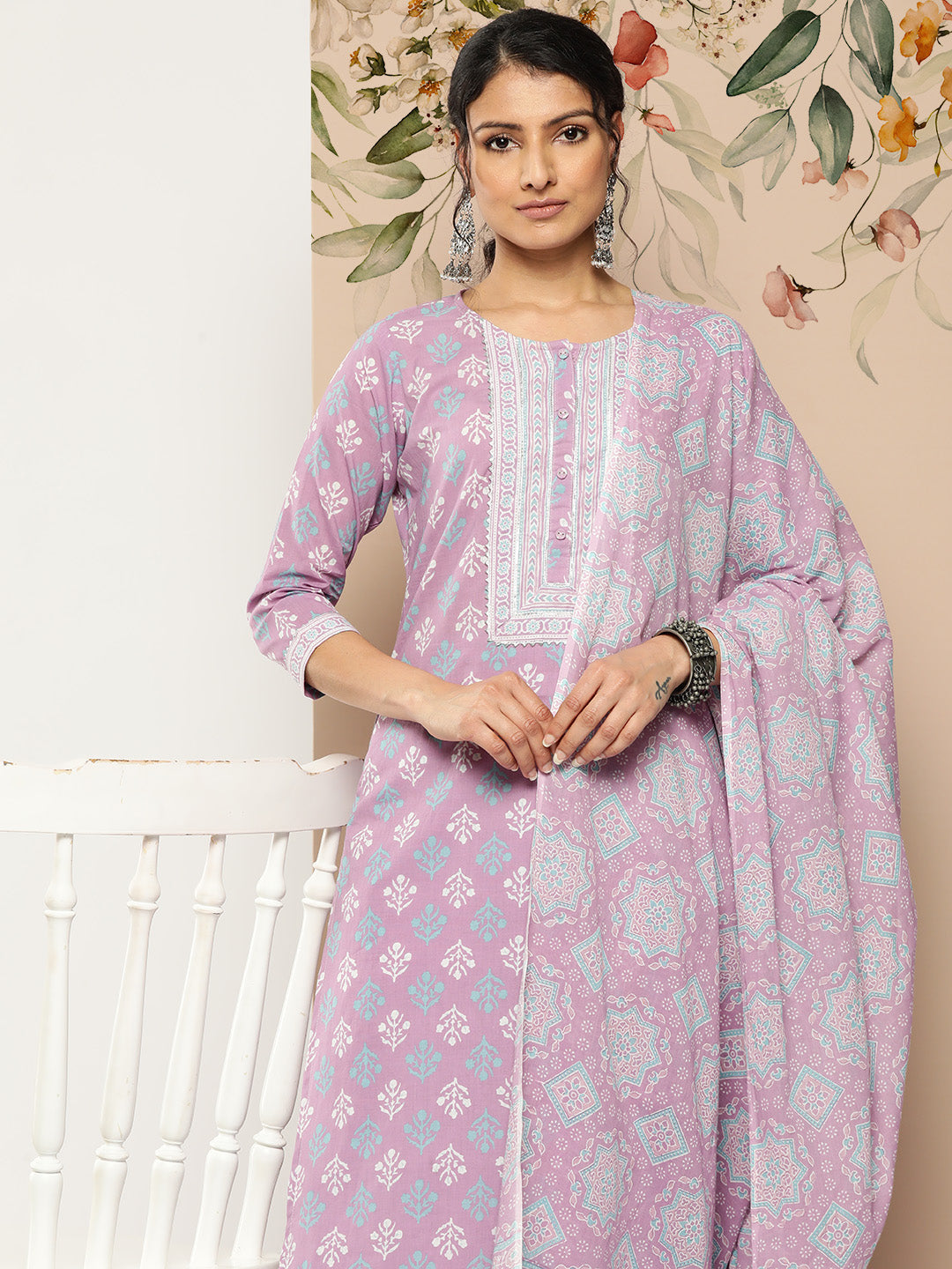 Lavender Printed Straight Kurta With Palazzo &amp; Dupatta