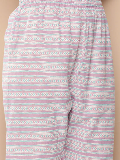 Lavender Printed Straight Kurta With Palazzo & Dupatta