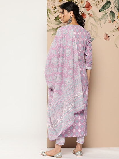 Lavender Printed Straight Kurta With Palazzo & Dupatta