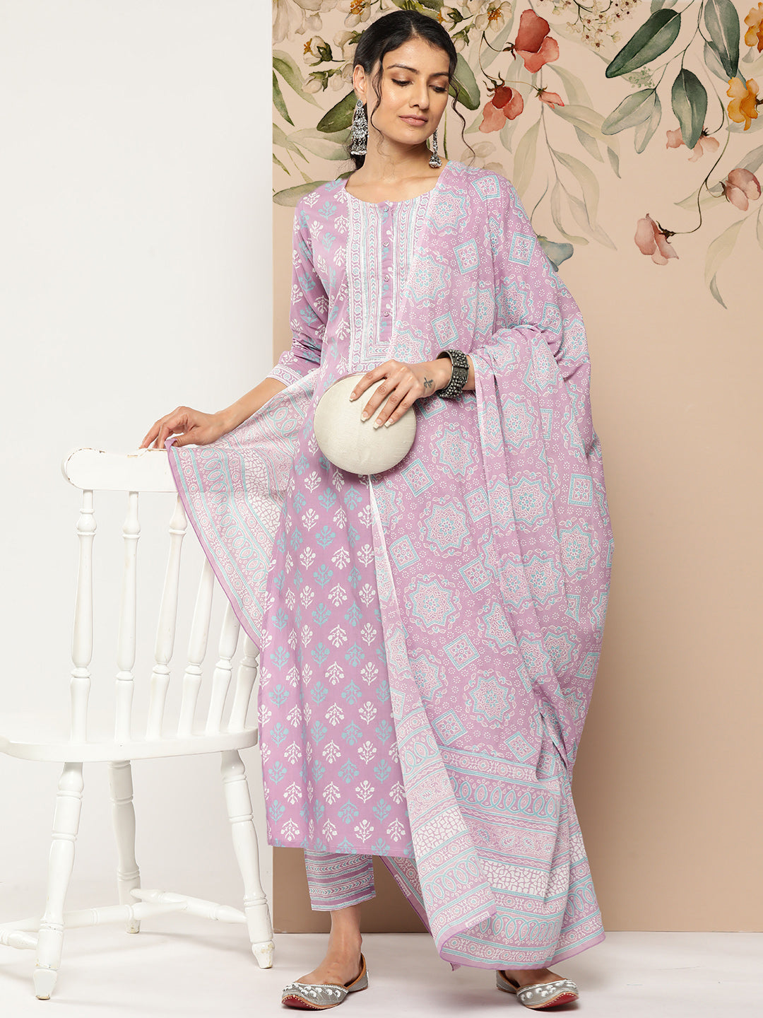 Lavender Printed Straight Kurta With Palazzo &amp; Dupatta