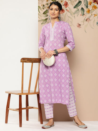 Lavender Printed Straight Kurta With Trouser