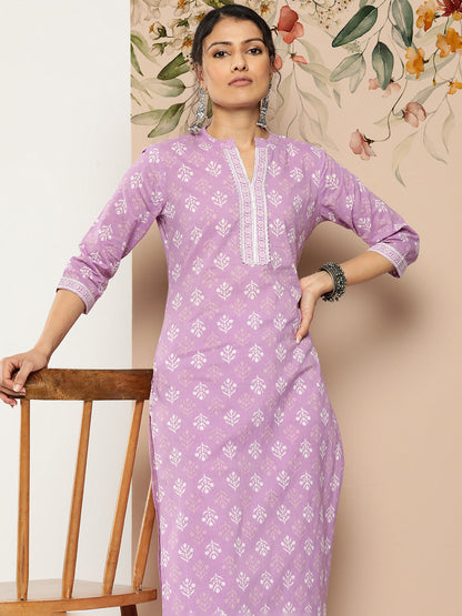 Lavender Printed Straight Kurta With Trouser