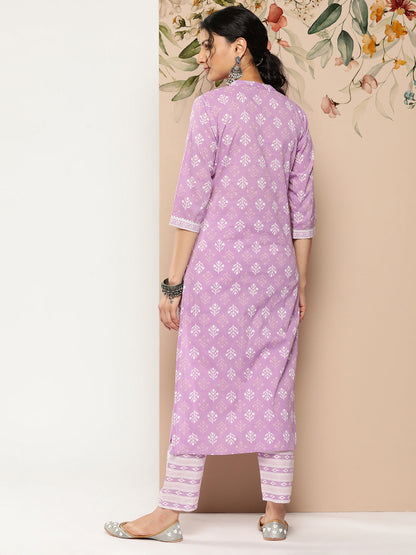 Lavender Printed Straight Kurta With Trouser