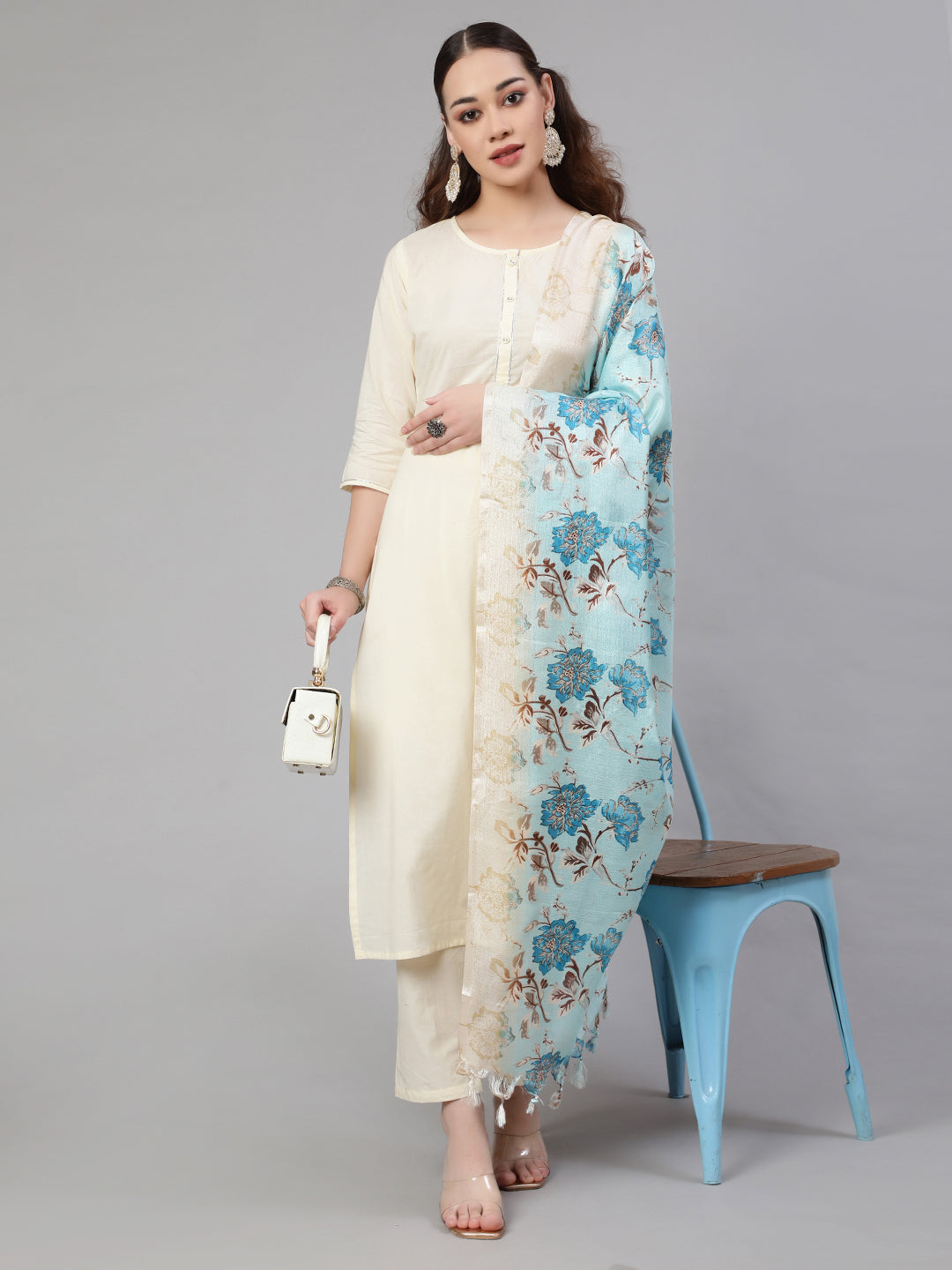 Cream Straight Solid Kurta With Trouser And Art Silk Dupatta