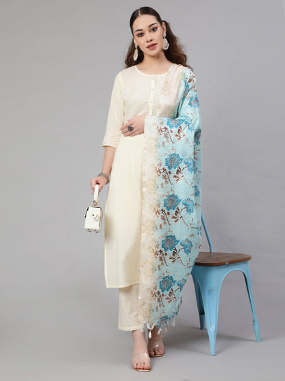 Cream Straight Solid Kurta With Trouser And Art Silk Dupatta