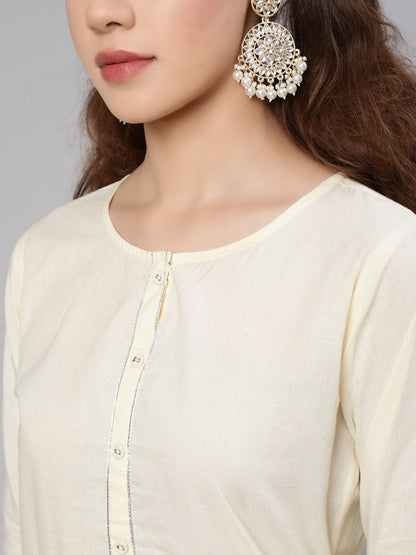 Cream Straight Solid Kurta With Trouser And Art Silk Dupatta